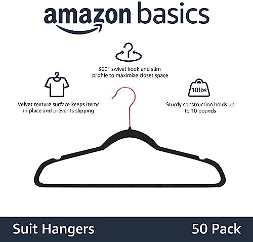 Amazon Basics Slim Velvet Non-Slip Space Saving Suit Clothes Hangers for Closet Organization, Black/Rose Gold, 50-Pack - Image 2