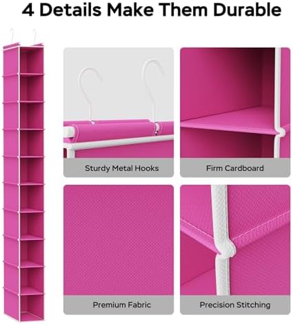 MAX Houser 2 Pack 10 Tier Slim Hanging Shoe Organizer Pink | Foldable Hanging Shoe Storage Shelf with 2 Metal Hooks, Space Saving Storage for Narrow Space - Image 4