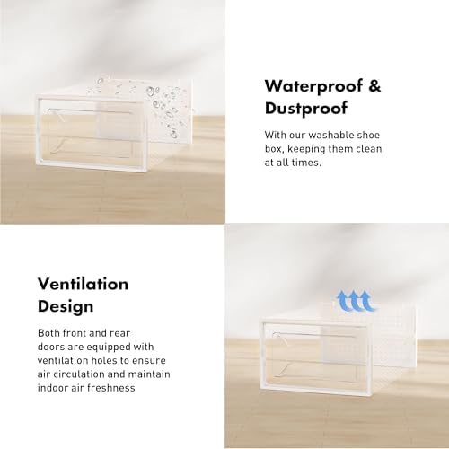 Foluck Shoe Storage Box, 15 Pack Clear Plastic Stackable Organizer for Closet, Interlocking Design Shoes Container Bins for Sneakers, Foldable Shoe Rack with Lids, White - Image 5