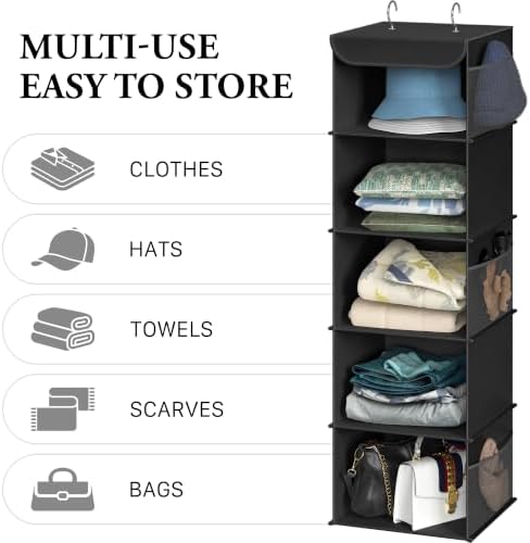 Simple Houseware 5 Shelf Hanging Closet Organizer, Black | 360° Rotating Dual Hooks, Top Support Metal Frame, 6 Side Mesh Pockets - Image 5