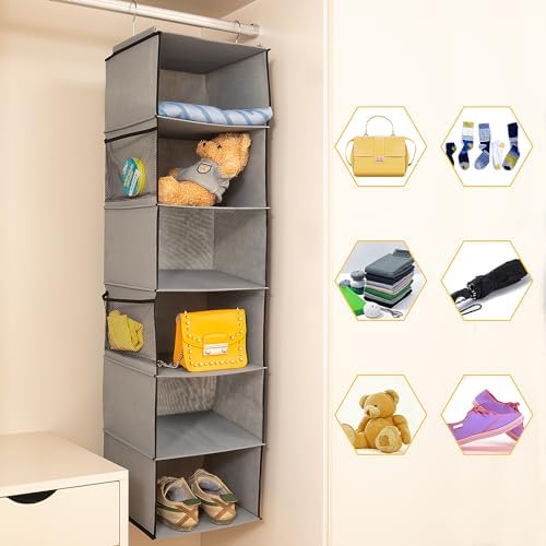 BrilliantJo 6 Shelves Hanging Closet Organizer, 2 Pack Hanging Storage with 4 Side Pockets for Clothes Shoes, 43.5"x12"x12"(Grey) - Image 4