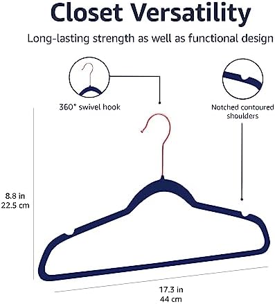 Amazon Basics Slim Velvet Non-Slip Space Saving Suit Clothes Hangers, Sturdy Construction, Navy Blue/Rose Gold, 50-Pack - Image 5