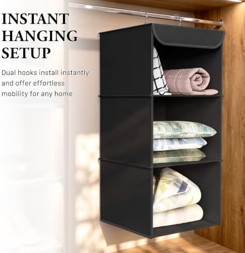 Simple Houseware 3 Shelf Hanging Closet Organizer, Black | 360° Rotating Dual Hooks, Top Support Metal Frame - Image 6