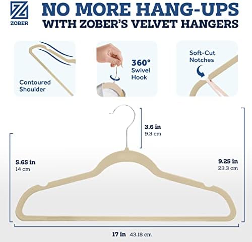 Zober Velvet Hangers 50 Pack - Ivory for Coats, Pants & Dress Clothes - Non Slip w/ 360 Degree Swivel, Holds up to 10 lbs - Strong Felt Hangers for Clothing | Slim velvet hangers with pants bar, felt hangers, flocked hangers, non slip hangers, coat han... - Image 2