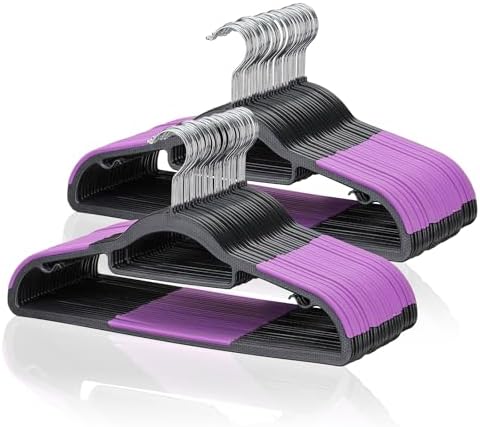 Tonswachic Pack of 50 Coat Hangers, Space-Saving Plastic Clothes Hangers, Non-Slip, 0.2 Inches Slim, 360° Swivel Silver Hook for Shirts, Pants, Suit & Wet/Dry Garments, Purple and Black by TonswachicHangersSpaceSaver