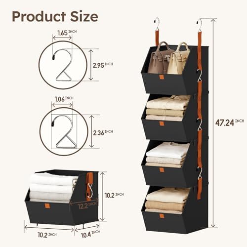 Homsorout Hanging Closet Organizer 4 Tier - Clothes Hanging Shelves, Space-Saving Closet System, Fabric Storage Bins Bedroom Organization, Collapsible Baskets for Home, Dorm, Rv, Black, 8 Pack - Image 6