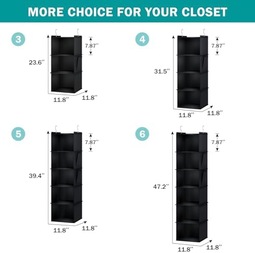 YOUDENOVA Hanging Closet Organizer and Storage for Clothes, 4-Shelf, Black | Locker/RV/Camper Organizer, Side Pocket, Hanging Shelves for Small Closet, Dorm Room Essentials for Guys, Breathable Fabric - Image 4