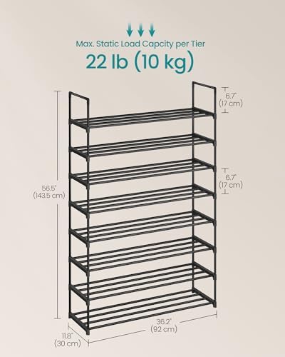 SONGMICS Shoe Rack, 8-Tier Shoe Organizer, Metal Storage Shelf | for Entryway, Upright or Upside Down, for 32-40 Pairs, Stackable, 11.8 x 36.2 x 56.5 Inches, Black ULSA308BH01 - Image 3
