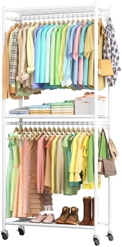 Sakugi Clothes Rack - 33.0" x 12.2" x 79.5" Clothing Rack with Shelves & Wheels, Multi-Functional Wardrobe Closet with Hooks, Sturdy Metal Garment Rack for Bedroom, Laundry, Balcony (White) by Sakugi