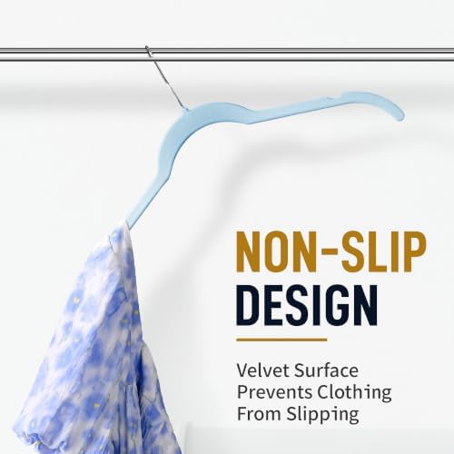 Sishynio Velvet Hangers 50 Pack, Non-Slip Slim Felt Clothes Hangers Blue | Space-Saving Closet Organization; Flocked Surface; 360° Swivel Hooks; For Shirts, Coats, Dresses, Blouses - Image 5