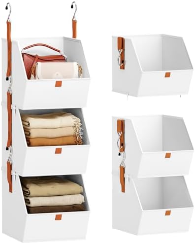 Homsorout Collapsible Hanging Closet Organizer - 3 Tier Closet Shelves Storage System with Hooks, Fabric Hanging Storage Bins for Clothes, Foldable Storage Basket for Laundry, Bedroom, Rv, White by Homsorout