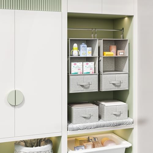 2 Pack 3-Shelf Hanging Closet Organizer with 2 Drawers, Silver Gray | Two Hanging Organizers with Fabric Drawers, Space-Saving Closet Storage for Clothes, Baby Items, Nursery and Dorm Rooms - Image 6