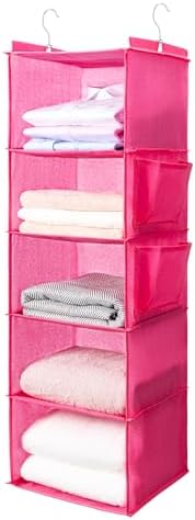 BOOMIBOO Hanging Closet Organize and Shelves,5-Hanging Shelf（Pink） | with 2 Side Pockets，Storage Foldable by BOOMIBOO
