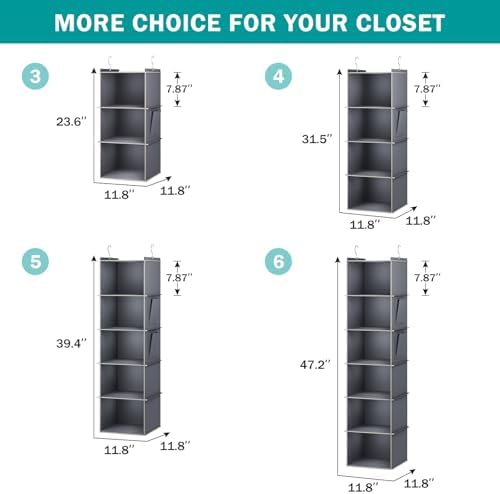 YOUDENOVA Hanging Closet Organizer and Storage for Clothes, 4-Shelf, Grey | Locker/RV/Camper Organizer, Side Pocket, Hanging Shelves for Small Closet, Dorm Room Essentials for Guys, Breathable Fabric - Image 4