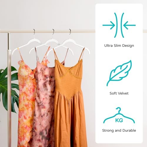 Sishynio Velvet Hangers 100 Pack, Non-Slip Slim Felt Clothes Hangers White | Space-Saving Closet Organization; Flocked Surface; 360° Swivel Hooks; For Shirts, Coats, Dresses, Blouses - Image 3