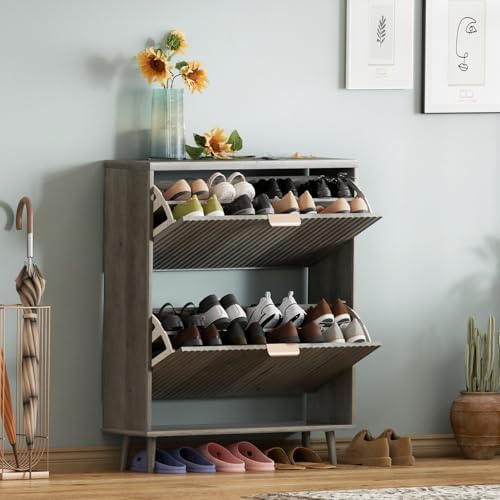 Shoe Cabinet Storage,Modern Freestanding Organizer with 2 Flip Drawers,Narrow Shoe Rack Cabinet for Entryway,Grey - Image 6