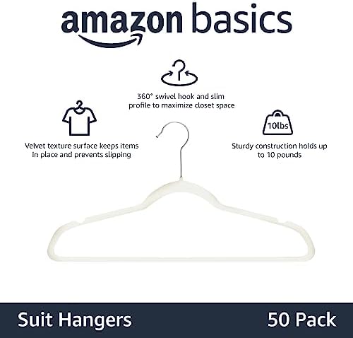 Amazon Basics Slim Velvet Non-Slip Space Saving Suit Clothes Hangers with Shoulder Notches for Closet Organization, Ivory/Silver, 50-Pack - Image 2