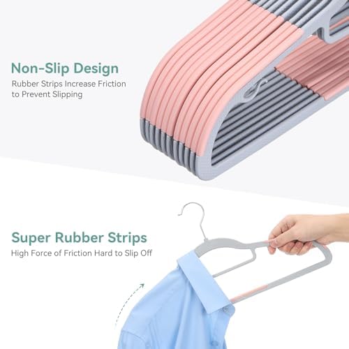 Tonswachic Pack of 30 Coat Hangers, Space-Saving Plastic Clothes Hangers, Non-Slip, 0.2 Inches Slim, 360° Swivel Silver Hook for Shirts, Pants, Suit & Wet/Dry Garments, Pink and Dark Gray - Image 3