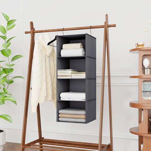 Hanging Closet Organizer 4-Shelf, Oxford Fabric Wardrobe Storage, Dark Grey | Easy-mount foldable design holds clothes, handbags, shoes & accessories; washable Oxford fabric, sturdy and space-saving. - Image 2