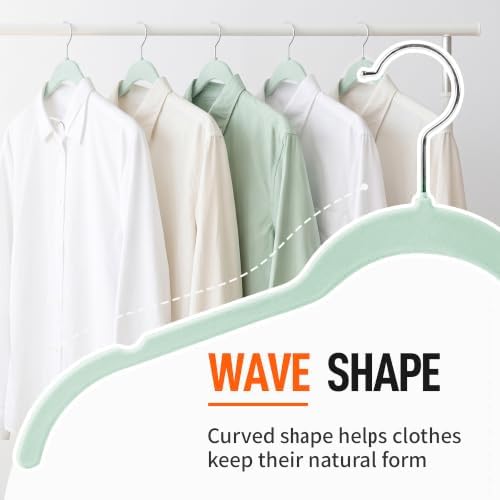 Sishynio Velvet Hangers 50 Pack, Non-Slip Slim Felt Clothes Hangers Green | Space-Saving Closet Organization; Flocked Surface; 360° Swivel Hooks; For Shirts, Coats, Dresses, Blouses - Image 4