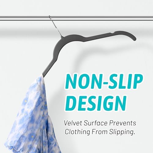 Sishynio Velvet Hangers 50 Pack, Non-Slip Slim Felt Clothes Hangers Black | Space-Saving Closet Organization; Flocked Surface; 360° Swivel Hooks; For Shirts, Coats, Dresses, Blouses - Image 4
