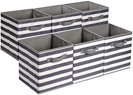 Amazon Basics Collapsible Fabric Storage Bins with Handles, Cube Organizer for Organizing, 13"x13"x13", White/Light Grey Stripe, 6-Pack by AmazonBasics