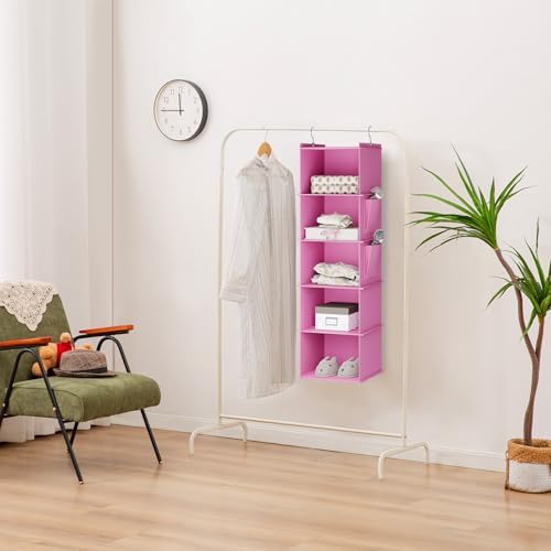 YOUDENOVA Hanging Closet Organizer and Storage, 5-Shelf, Light Pink | Locker/RV/Camper Organizer, 2 Side Pockets, Hanging Shelves for Small Closet, Dorm Room Essentials for Guys, Non-woven Fabric - Image 2