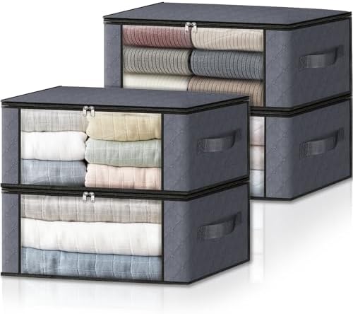 HomeHacks Storage 4-Pack Clothes Organizer Storage Bags Foldable Storage Box with Large Clear Window Sturdy Handles for Closet, Dorm, Pillows, Bedding, Clothes, Stuffed Toys, Blankets, Grey | Foldable Storage Box Container with Zippers, Clear Window, R... by HomeHacks