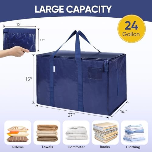 TICONN 8 Pack Extra Large Moving Bags Heavy Duty with Zippers & Carrying Handles, Durable Storage Bags Moving Boxes for Closet Organizers and Storage (8 Pack, Navy) - Image 5