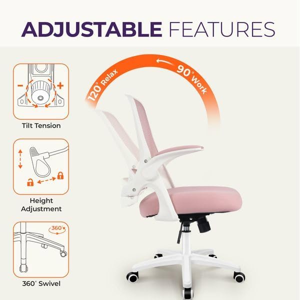 NEO CHAIR Office Desk Chair, Ergonomic Mesh with Flip-Up Armrests, Pink | Lumbar Support, Height Adjustment, 360° Swivel and Rolling Base, Space-Saving Design for Home Office, Vanity or Study - Image 6