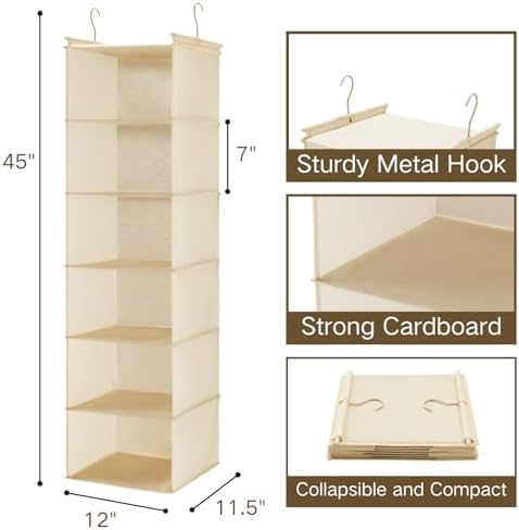 MAX Houser 2 Pack 6 Tier Foldable Hanging Closet Organizer, Beige | foldable lightweight fabric closet storage, space-saving design for Bedroom, Closet Hanging Shelf for Storage - Image 3