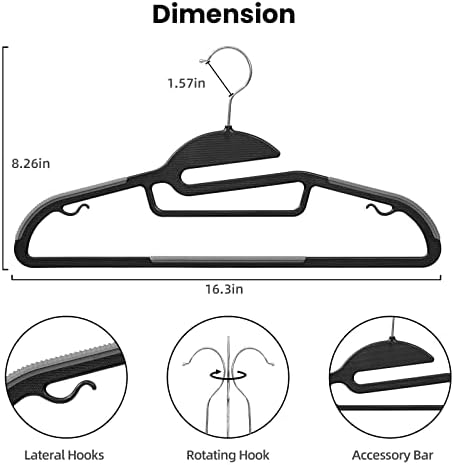 Heavy Duty Plastic Hangers 50 Pack with Non-Slip Design,0.2 Inches Thick,360°Swivel Hook Space Saving Organizer for Bedroom Closet,Shirts,Pants,Strong Enough for Coat(Black- S Shaped) - Image 2