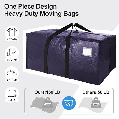 6 Pack Heavy Duty Extra Large Moving Bags W/Backpack Straps - Strong Handles & Zippers, Storage Totes For Space Saving, Fold Flat, Alternative to Box and Bin (40 gal, Semi-Transparent+Blue+Black) - Image 5