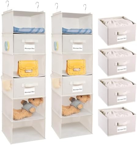 BrilliantJo 2 Pack 6 Shelves Hanging Closet Organizer with 2 Drawer, Hanging Storage with 4 Side Pockets for Clothes Shoes, 43.5"x12"x12"(Beige) by BrilliantJo