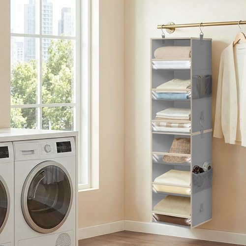 STORAGE MANIAC 6-Shelf Hanging Closet Organizer and Storage, 2 Separable 3-Shelf Haning Organizers for Closet, Collapsible Hanging Shelves Wardrobe Organization, College Dorm Room, Nursery, Gray - Image 2