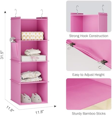 YOUDENOVA Hanging Closet Organizer and Storage, 4-Shelf, Light Pink | Locker/RV/Camper Organizer, Side Pocket, Hanging Shelves for Small Closet, Dorm Room Essentials for Guys, Breathable Fabric - Image 3