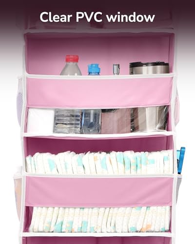 ULG 1 Pack Over Door Organizer with 5 Large Pockets 10 Mesh Side Pockets, 44 lbs Weight Capacity Hanging Storage Organizer with Clear Window Kids Toys, Shoes, Diapers, Pink - Image 3