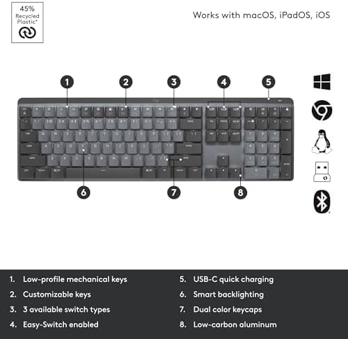 Logitech MX Mechanical Mini Wireless Illuminated Keyboard Linear Switches | USB-C, macOS, Windows, Linux, iOS, Android, Metal construction - Image 9