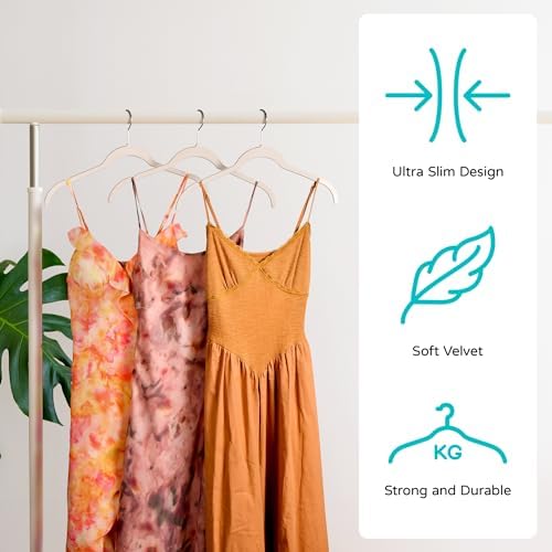 Sishynio Velvet Hangers 100 Pack, Non-Slip Slim Felt Clothes Hangers Beige | Space-Saving Closet Organization; Flocked Surface; 360° Swivel Hooks; For Shirts, Coats, Dresses, Blouses - Image 3