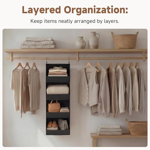 StorageWorks Basics Hanging Closet Organizer, Foldable Storage Organizer | 4-Shelf Wide Trapezoid Closet Shelves with Reinforced Anti-Sagging Support for Sweaters, Hoodies and Handbags, Black - Image 7