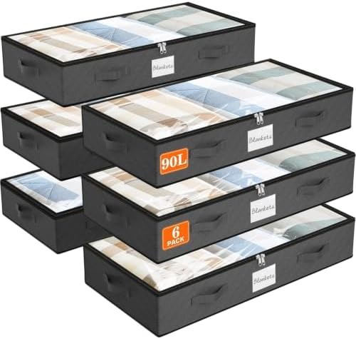 90L Under Bed Storage Containers, Storage Bags, Organizers, 6-Pack, Gray | Foldable, Soft Fabric, Closet Organizers, Reinforced Handle, Label Holder, Clear Window, for Comforters, Clothing, Blankets by Unknown