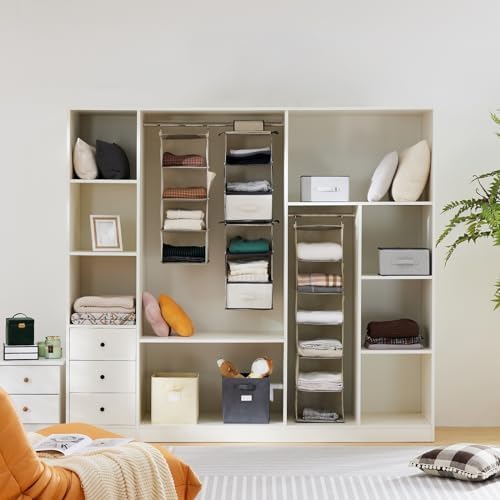 YOUDENOVA Hanging Closet Organizer and Storage for Clothes, 4-Shelf, Beige | Locker/RV/Camper Organizer, Side Pocket, Hanging Shelves for Small Closet, Dorm Room Essentials for Guys, Breathable Fabric - Image 2