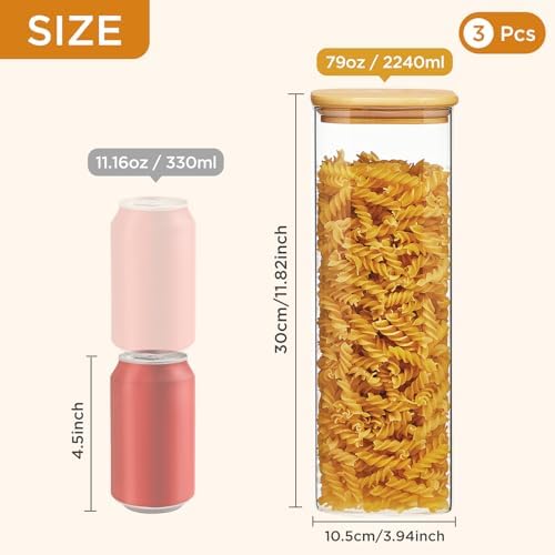 Square Glass Food Storage Jars with Lids 2.47 Qt [Set of 3], Perfect for Pasta, Cookies, Nuts, Coffee, Cereal, Flour, Organize Your Kitchen and Pantry with BPA-Free Glass Jars with Canisters - Image 2