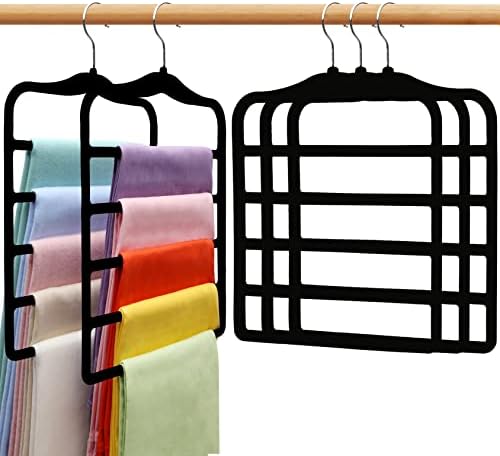 Closet Organizers and Storage, 5 Pack Velvet Pants-Hangers-Space-Saving | Non Silp 5 Tier Scarf Jeans Organizer, Dorm Room Essentials for College Students Girls Boys Guys, Home Storage by SHUKEEKA