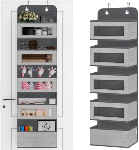 Over The Door Hanging Organizer Storage with 5 Large Pockets,Wall Mount Clear Windows and 2 Widened Metal Hooks for Pantry,Nursery,Diapers,Bathroom,Kitchen,Closet,Dorm by VERONLY