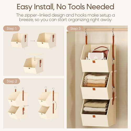 Homsorout Collapsible Hanging Closet Organizer - 3 Tier Closet Shelves Storage System with Hooks, Fabric Hanging Storage Bins for Clothes, Foldable Storage Basket for Laundry, Bedroom, Rv, Beige - Image 7