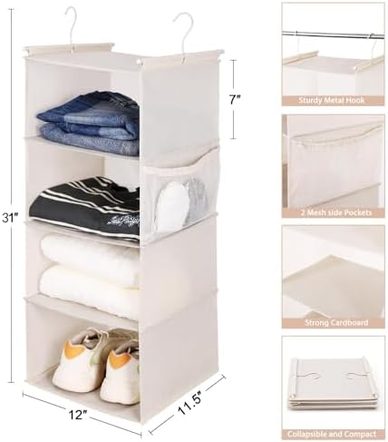 MAX Houser 4 Tier Shelf Hanging Closet Organizer, Closet Hanging Shelf with 2 Sturdy Hooks for Storage,2 Pack, Foldable (Beige) - Image 3