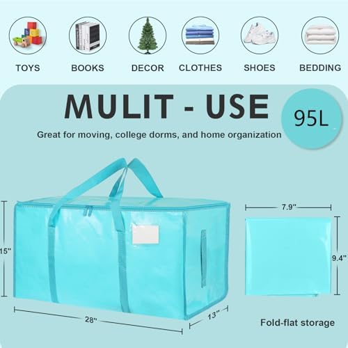 8 Pack-Extra Large Heavy Duty Moving Bags - Waterproof Storage Totes with Handles & Zippers, Foldable for College Dorm, Storage (lake blue) - Image 2