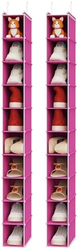 MAX Houser 2 Pack 10 Tier Slim Hanging Shoe Organizer Pink | Foldable Hanging Shoe Storage Shelf with 2 Metal Hooks, Space Saving Storage for Narrow Space by MAXHouser