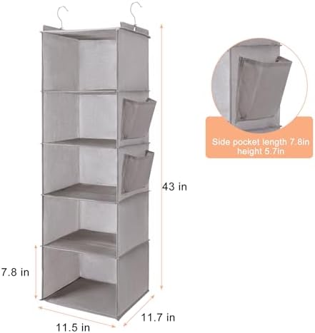 BOOMIBOO Hanging Closet Organize and Shelves,5-Hanging Shelf（Light Grey） | with 2 Side Pockets，Storage Foldable - Image 3